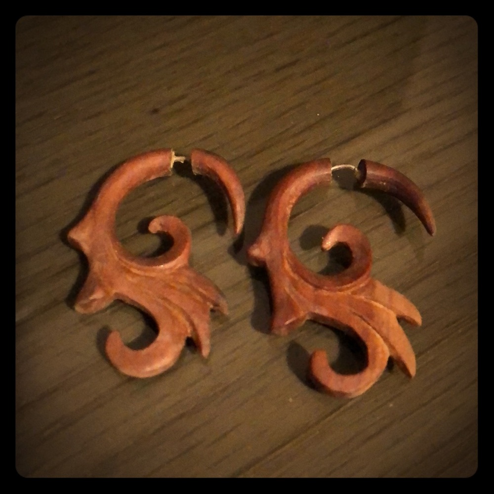 African hand carved wooden earrings